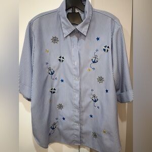 Vintage Seersucker Striped Nautical Embroidered Shirt